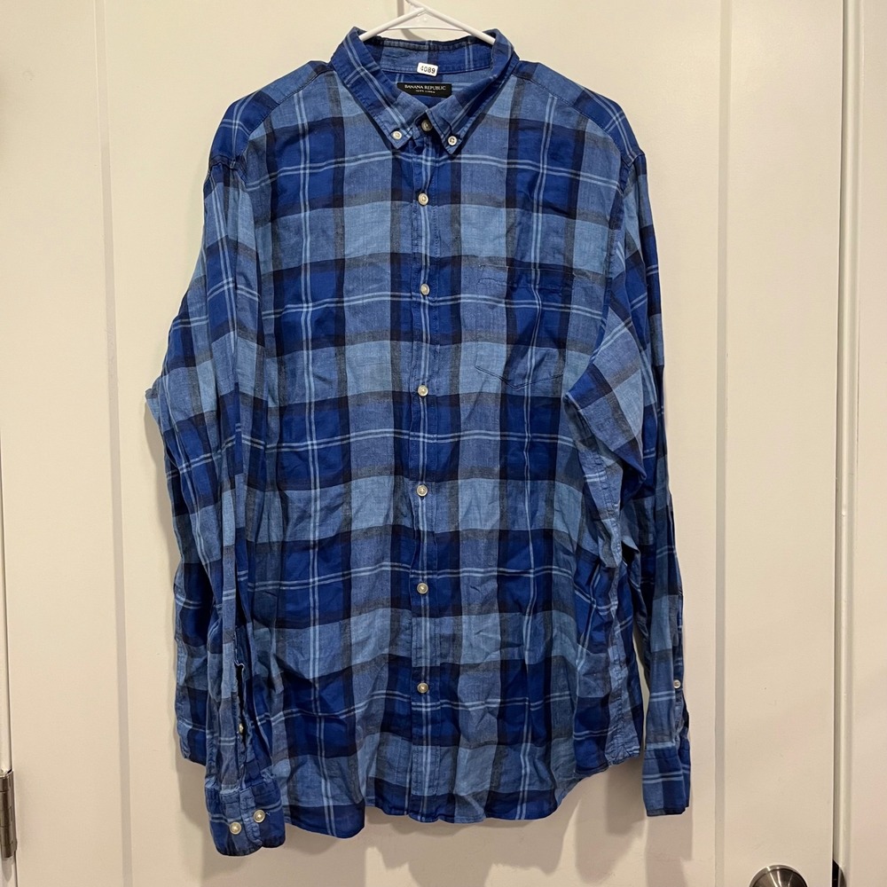Banana Republic Camden Fit 100% Linen Blue Plaid Button Down Shirt Mens XL